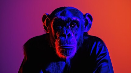  A tight shot of a monkey against a red and purple backdrop, with red and blue lights casting hues behind