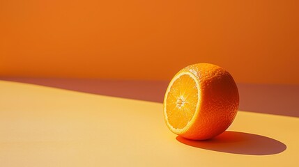   A halved orange atop an orange-hued surface, casting a shadow of its upper hemisphere - obrazy, fototapety, plakaty