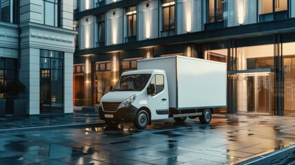 Street mock-up. White delivery van in motion on a busy city street, showcasing urban logistics and the pace of city life with blurred background for a sense of speed. Truck blind van mockup