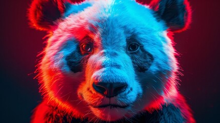   A tight shot of a panda bear's face with red and blue lights illuminating its chest - obrazy, fototapety, plakaty