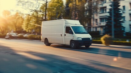 Fototapeta na wymiar Street mock-up. White delivery van in motion on a busy city street, showcasing urban logistics and the pace of city life with blurred background for a sense of speed. Truck blind van mockup
