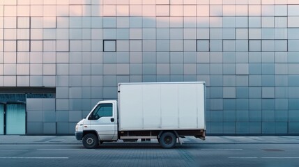 Street mock-up. White delivery van in motion on a busy city street, showcasing urban logistics and the pace of city life with blurred background for a sense of speed. Truck blind van mockup