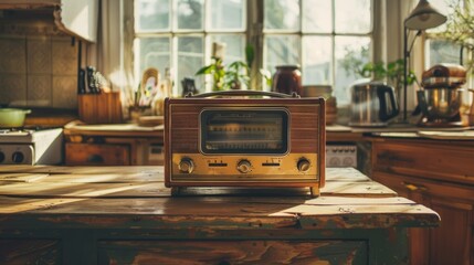 stylish retro radio player on a wooden table generative ai - obrazy, fototapety, plakaty