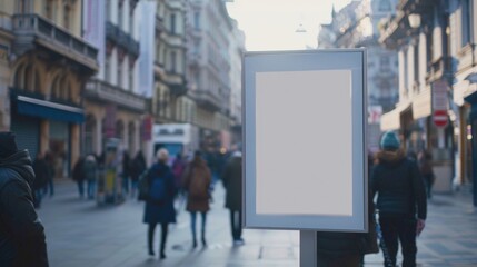 Urban Pathway Advertisement Board. Focused image of an empty advertisement board on a bustling city street at dusk, offering high visibility to passersby against the blur of evening commuters