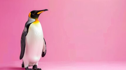   A penguin before a pink backdrop stands, with a black-and-white penguin at its legbase