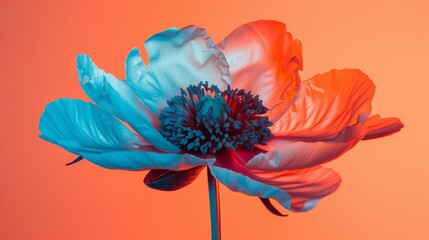   A tight shot of a blue-red bloom against a pink-orange backdrop, with its black heart at the center