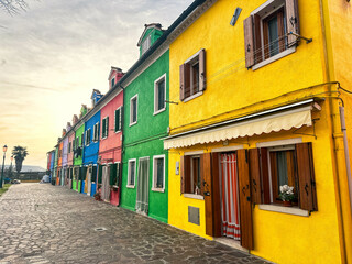 Colorful houses facades in famous island near Venice, Burano, Italy