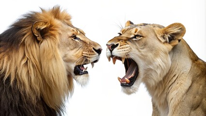 lion and lioness, Close-up of a lion and lioness roaring at each other, captured in a side view against a white background.