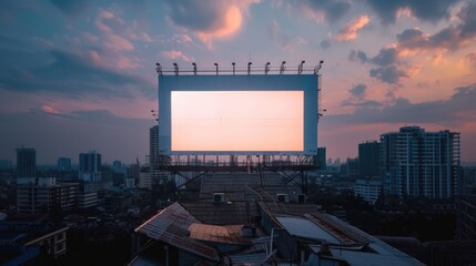 Spacious rooftop parking area with an unoccupied billboard presenting a blank canvas for ads, juxtaposed with a sweeping view of the urban skyline under a vast sky. Street mockup, advertising