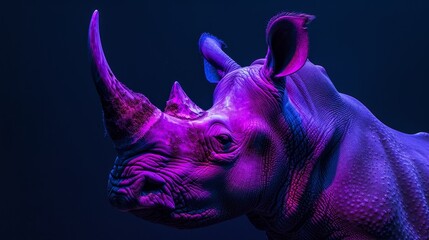   A rhino's face, tightly framed in close-up, bathed in purplish light against a pitch-black background - obrazy, fototapety, plakaty