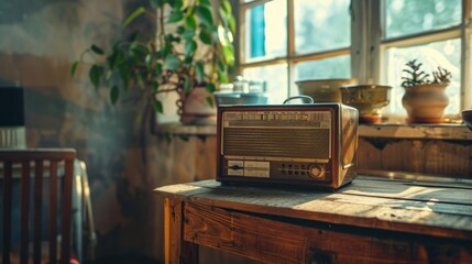 stylish retro radio player on a wooden table generative ai