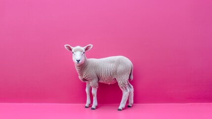   A sheep faces the camera, standing before a pink wall, conveying a serious expression - obrazy, fototapety, plakaty