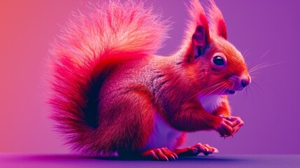   A red squirrel poses on hind legs, front paws resting atop, against a purple backdrop