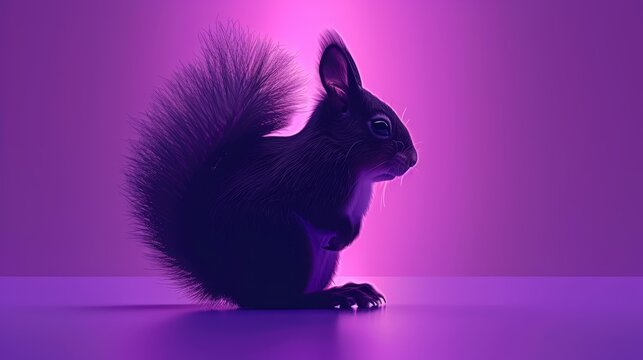   A black squirrel posed on purple and pink background, hind legs elevated Pink light illuminated background