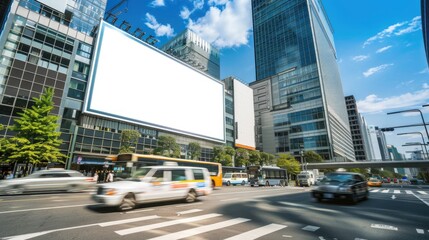 Obraz premium Oversized billboard positioned over a busy midtown street, capturing the eyes of drivers and pedestrians alike in the hustle of city traffic