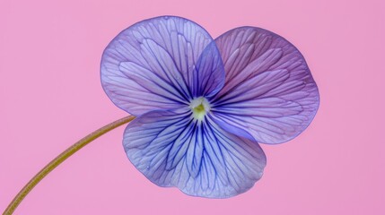   Close-up of a purple flower against a pink background, featuring a green stem