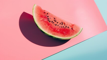   A watermelon slice atop a pink-blue counter, companioned by an intact piece