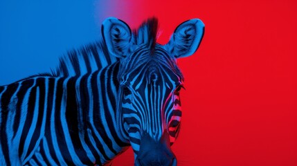   A tight shot of a zebra against a vibrant red and blue backdrop, its head subtly blurred