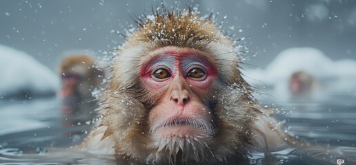 Winter Bliss as Monkey Bathes in Hot Springs.