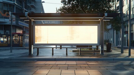 Fototapeta premium Twilight Bus Stop with Blank Billboard. In the serene twilight, a bus stop with a blank billboard, offering a unique advertising space in a peaceful urban setting
