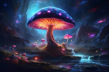 psychedelic fluorescent mushroom, landscape with space - obrazy, fototapety, plakaty