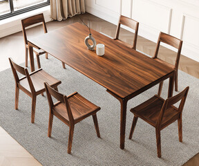 3d render dining room wooden table and chair furniture interior design