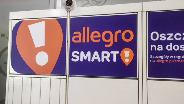 Rzeszow, Poland - March 25, 2024: Allegro Smart logo on electronic steel parcel locker box. program of free parcel shipping on allegro platform