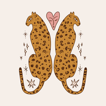 Cute boho magic leopards and heart scene. Modern abstract print. Groovy funky fine art style. Cosmic celestial minimalistic wild cats. Wild African animals poster or leaflet vector illustration