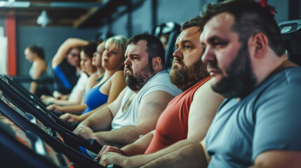 An overweight group of people all on treadmills at the gym looking unhappy - obrazy, fototapety, plakaty