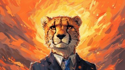   A cheetah in a suit and tie before a vibrant orange-yellow backdrop - obrazy, fototapety, plakaty