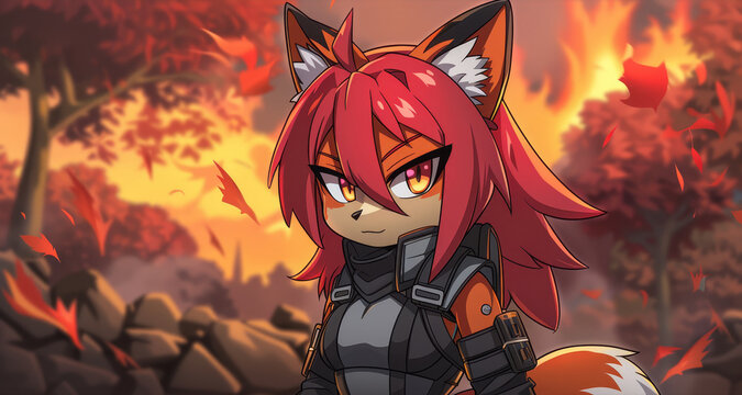   A girl with red hair stands before a forest backdrop A fox is perched atop her shoulders A fire burns in the background