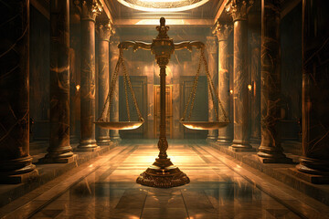 Big Gold Justice Scale In Courtroom Among Roman Columns, Giant Law Scales, Jurisprudence Concept - obrazy, fototapety, plakaty