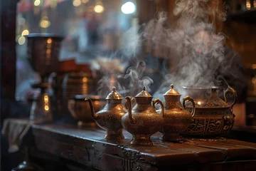  Hot tea pots with traditional mugs. © burkyposh