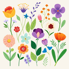 Flowers vector set on white background. Garden wild flower icons.