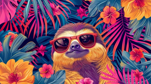   A painting of a sloth donning sunglasses amidst tropical flowers and palm leaves against a backdrop of pink and blue