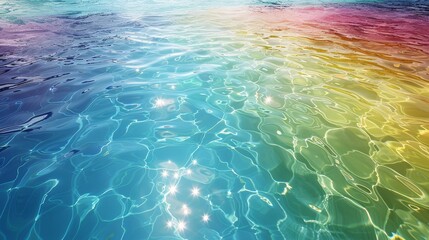   A tight shot of a rainbow-hued body of water, sunlit reflections dancing on its undulating ripples - obrazy, fototapety, plakaty