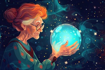 old woman with red hair. fortune teller, witch, fortune teller. Magic magic ball. illustration - obrazy, fototapety, plakaty