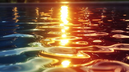   The sun's reflection shines on tranquil water, its surface punctuated by gentle ripples - obrazy, fototapety, plakaty