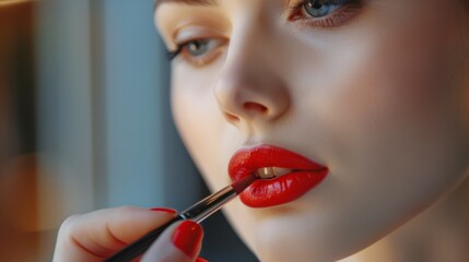 The makeup artist applies red lipstick. Beautiful woman face. generative ai