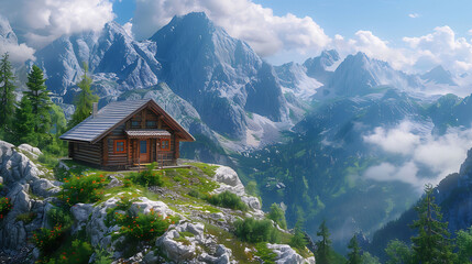 Fototapeta na wymiar peaceful solitude of a mountain hut perched on a ridge