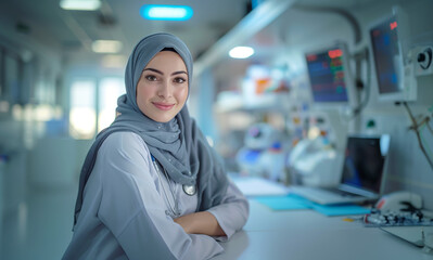 Confident female doctor wearing hijab smiles at camera in hospital ward in front of medical equipment, including monitors, laptops professional environment in modern Middle East healthcare facility.