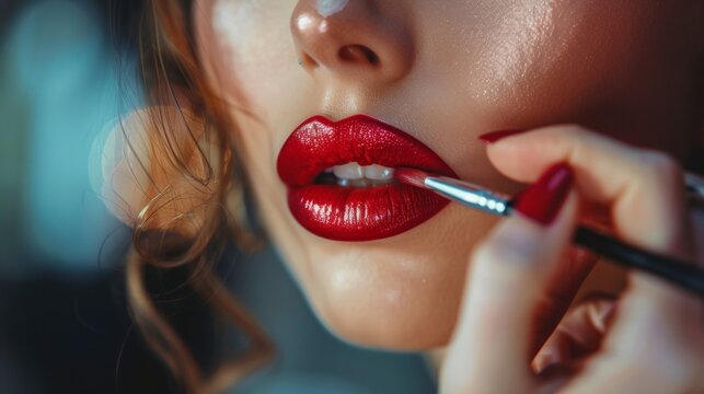 The makeup artist applies red lipstick. Beautiful woman face. generative ai
