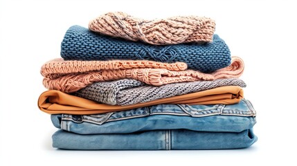 Pile of folded clothing, including jeans and sweaters, isolated on a pristine white background for optimal search engine visibility.