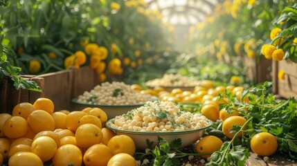   A table laden with numerous lemons and an assortment of fruits and vegetables, situated adjacent to a vibrant wall of yellow blooms - obrazy, fototapety, plakaty