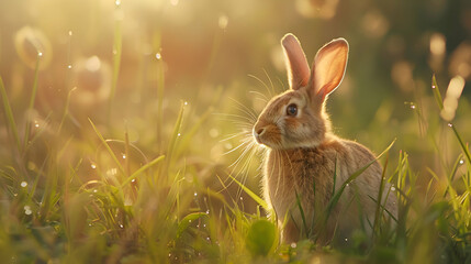 Fototapeta na wymiar A charming rabbit sitting amidst a field of tall grasses, with dappled sunlight creating a magical atmosphere, presenting a tranquil scene with abundant copy space and a softly blurred background