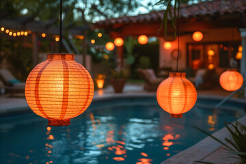 Lanterns Illuminating Swimming Pool at Night