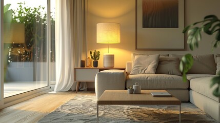 Illustrate a modern apartment interior with minimalistic lamp fixtures