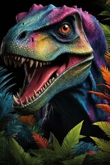 A dynamic image showcasing a colorful dinosaur among lush tropical foliage