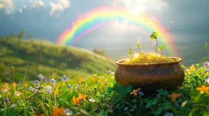 Leprechauns pot of gold at the end of a rainbow, vibrant natural lighting, low angle, against a backdrop of rolling green hills - obrazy, fototapety, plakaty