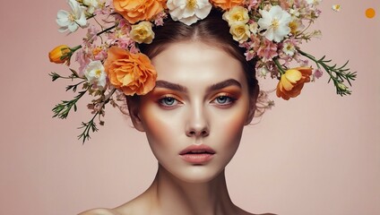 Elegant image of a woman with full makeup and a stunning flower crown in a creative composition